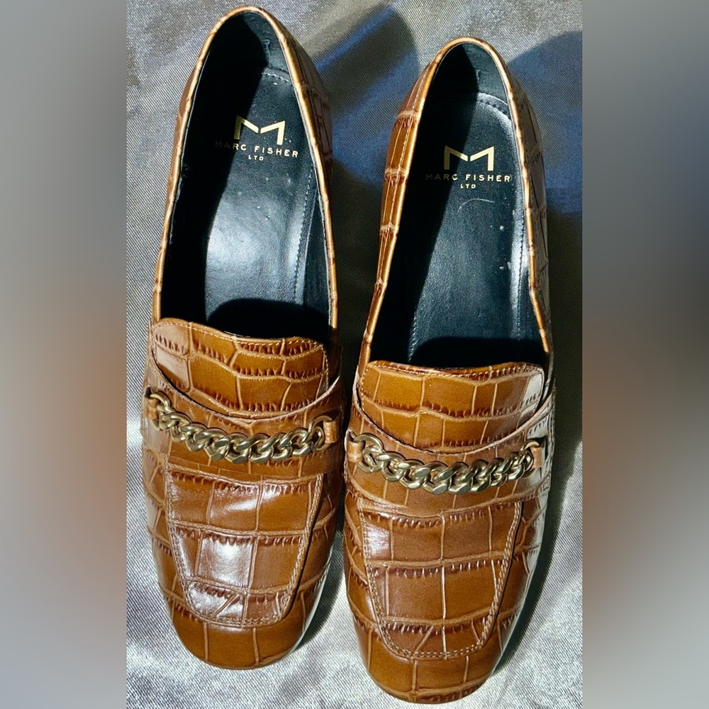 Marc Fisher Tan Crocodile Slip-Ons with Chain